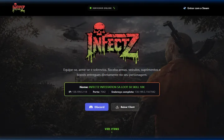 Página inicial da plataforma InfectZ para jogadores e gerenciamento do servidor.